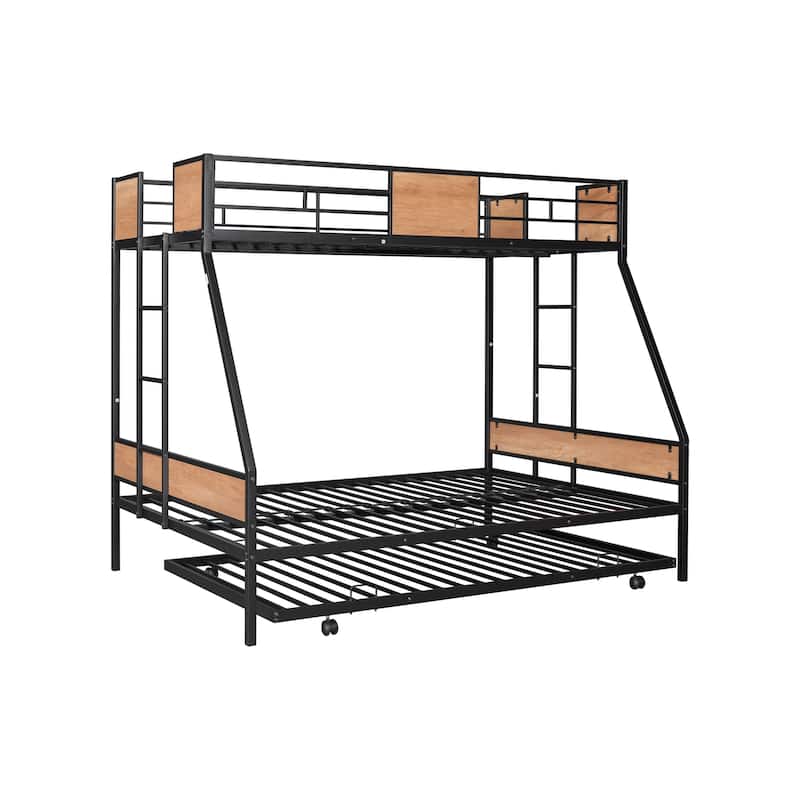 Twin over Full Size Metal Bunk Bed with Trundle, Heavy-duty Sturdy Metal, Noise Reduced, Safety Guardrail, Wooden Decoration