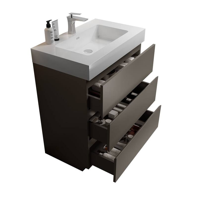 GDFStudio - Alice Walnut Freestanding Bathroom Vanity with One-Piece Matte Black Sink, Modern Handle-Free Design, Pre-Assembled