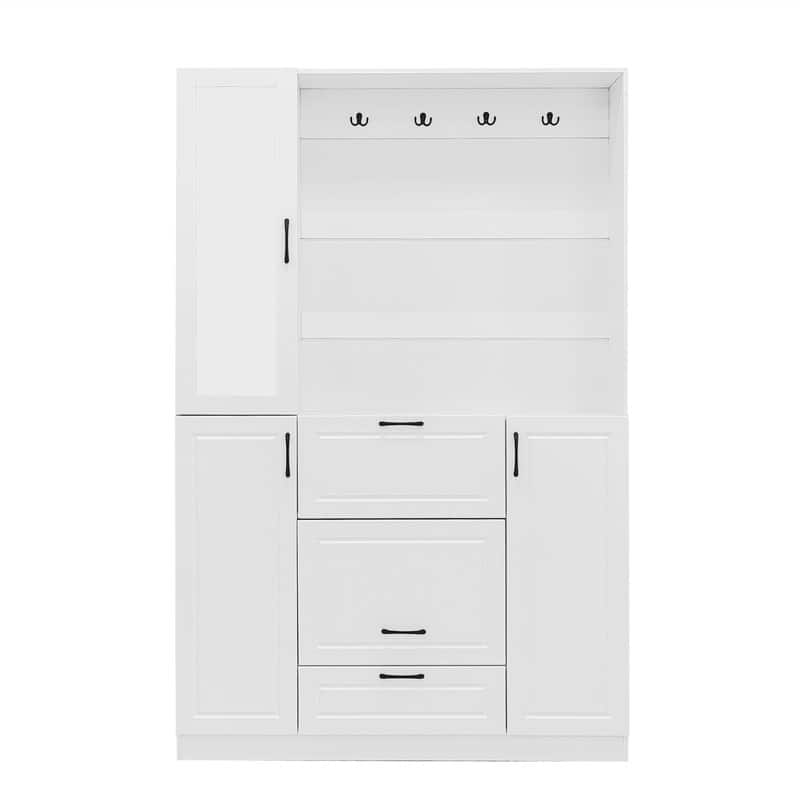 51.1" 3-in-1 Entryway Storage Bench‌ – Shoe Cabinet, Mirrored Door & Foldable Seat with 4 Heavy-Duty Hooks