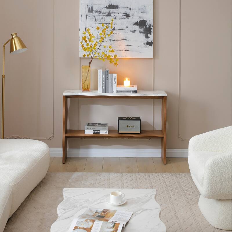 47.24" Whisper of Waves Modern Console Table / White Marble-Pattern Top, Solid Wood Veneered Sofa Table / Open Storage Shelf