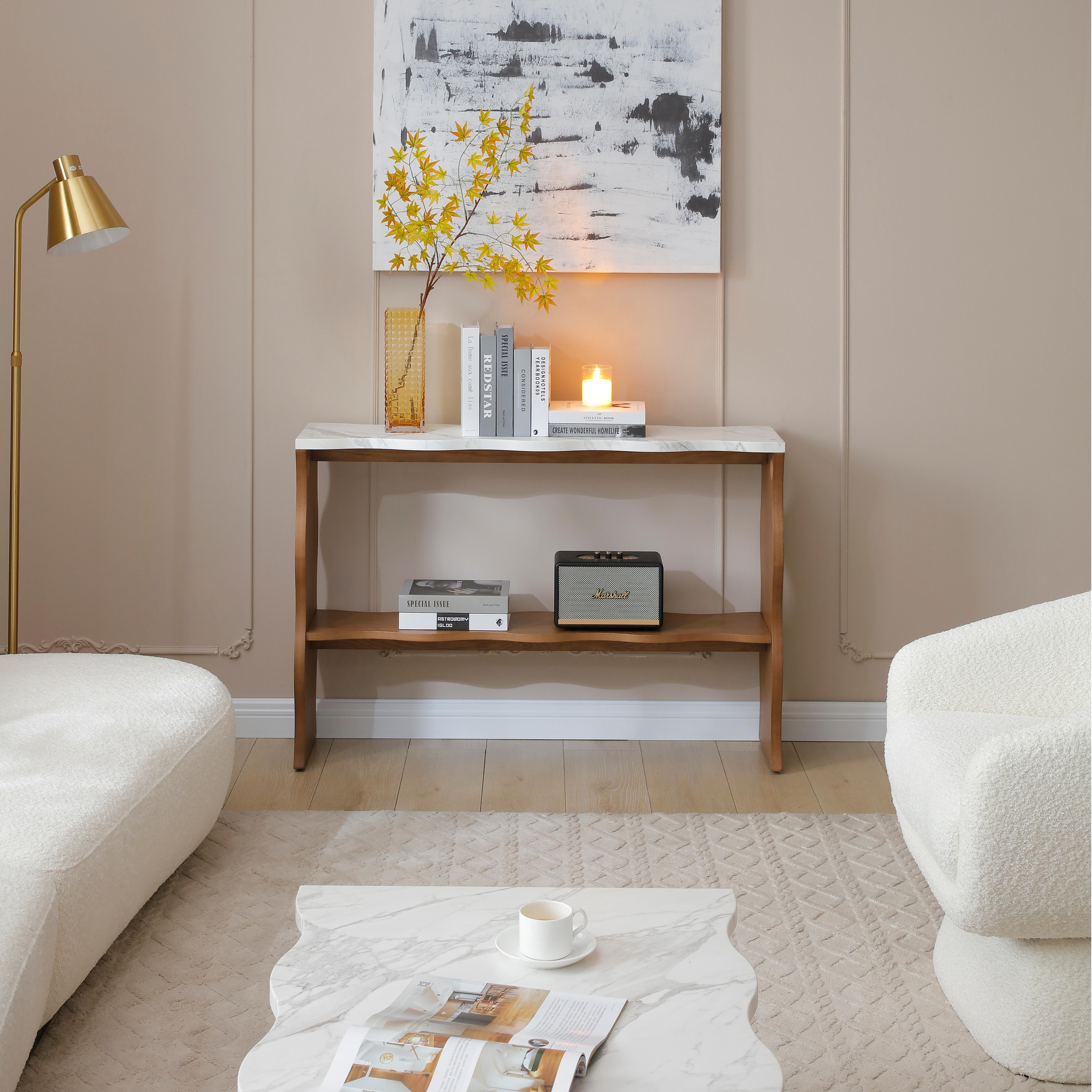 Modern Console Table With White Marble-Pattern Top And Open Storage Shelf For Living Room Entryway