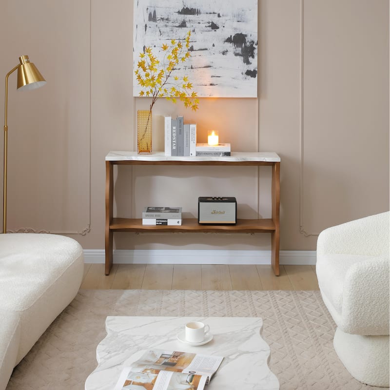 Modern Marble-Pattern Console Table Sofa Table Entryway Table with Open Storage Shelf, for Living Room, Walnut Brown
