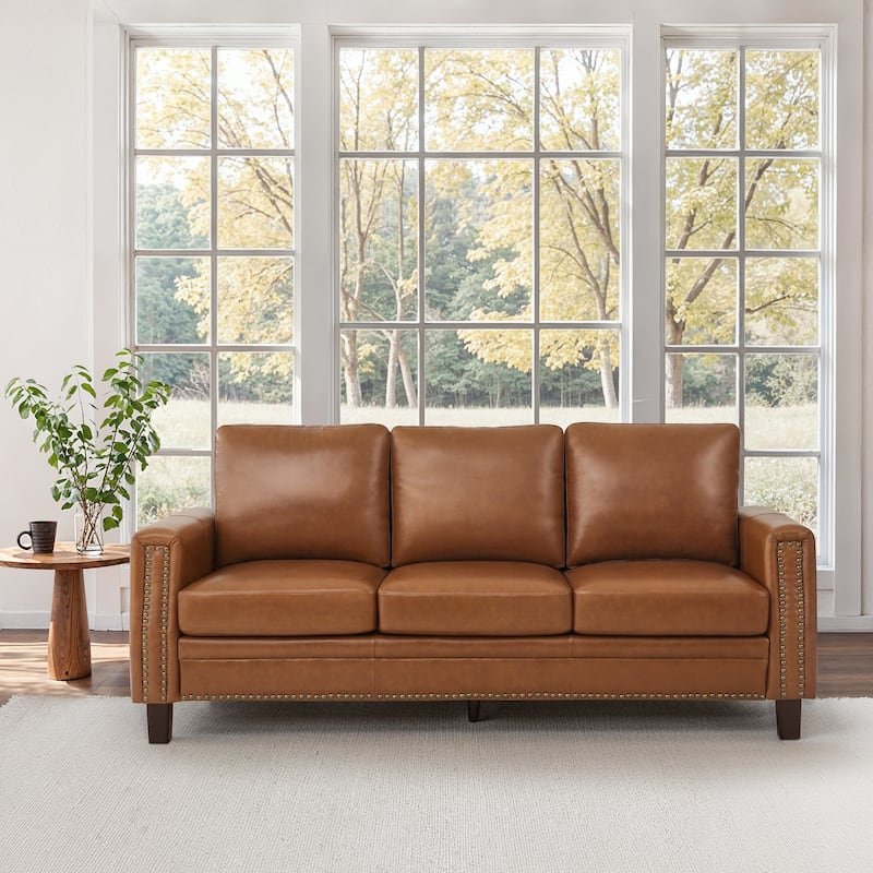 83.9" Genuine Leather Upholstered 3-Seater Sofa with Solid Wood Legs - Cognac Color