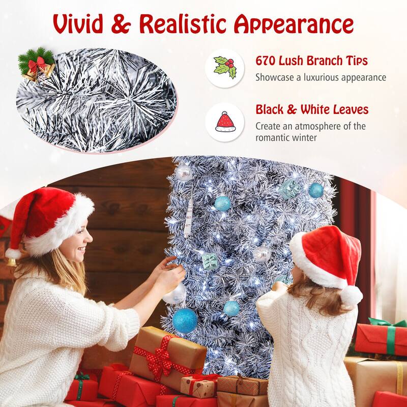 Gymax 7ft Pre-Lit Artificial Christmas Tree Hinged Slim Pencil Xmas