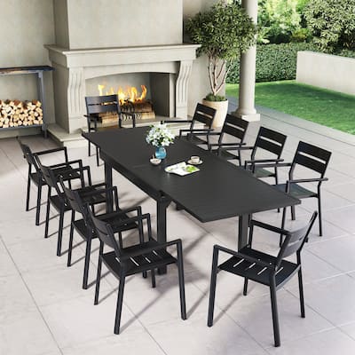 11PC Outdoor Aluminum Dining Set Expandable Rectangle Patio Table with Stackable Armchairs