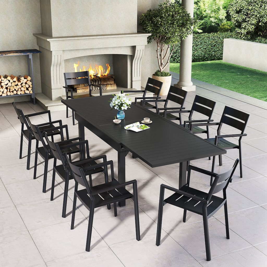 11PC Outdoor Aluminum Dining Set Expandable Rectangle Patio Table with Stackable Armchairs