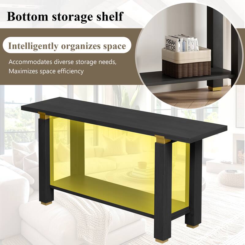 62.9" Modern Minimalist Console Table, Solid Wood Entryway Sofa Table with Metal Accents, Built-in Shelf