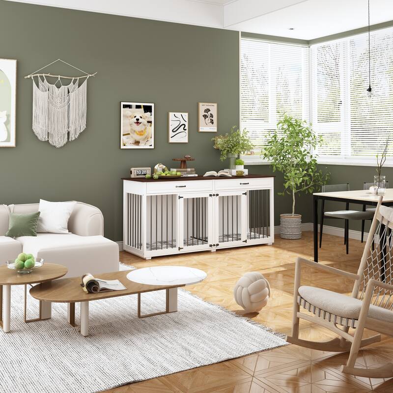 Elegant White Dog Crate with Dual Compartments and Storage Drawers