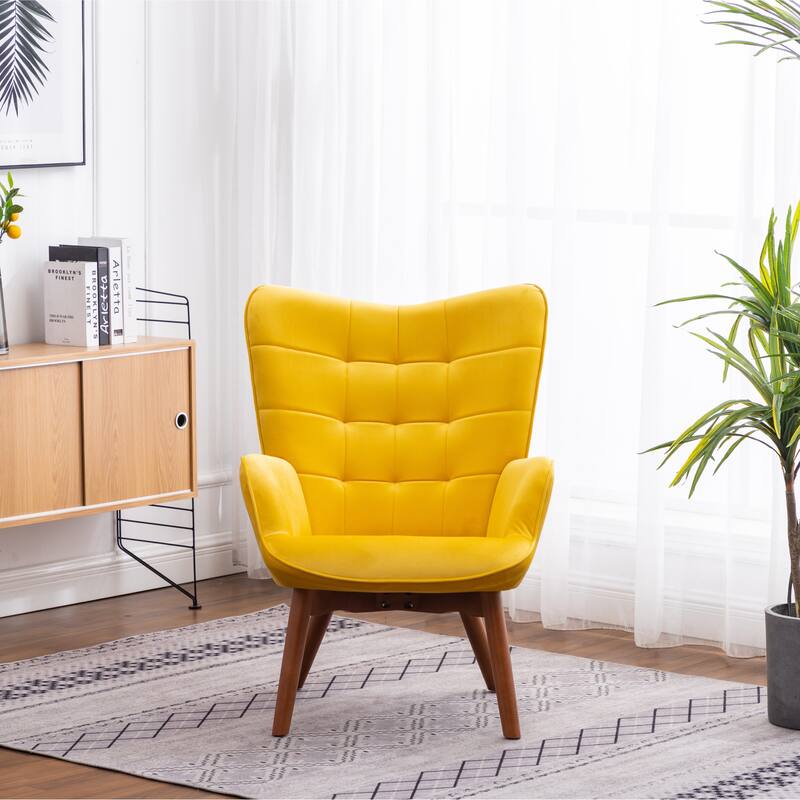 Yellow Modern 33" Polyester Button Tufted Accent Chair with Ottoman and Tapering Wood Dowel Legs