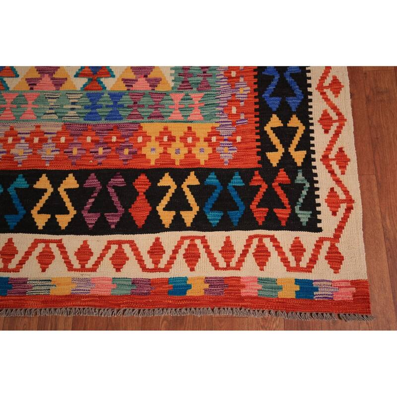 Reversible Kilim Area Rug Bedroom Hand-Woven Wool Carpet - 8'5" x 9'10"