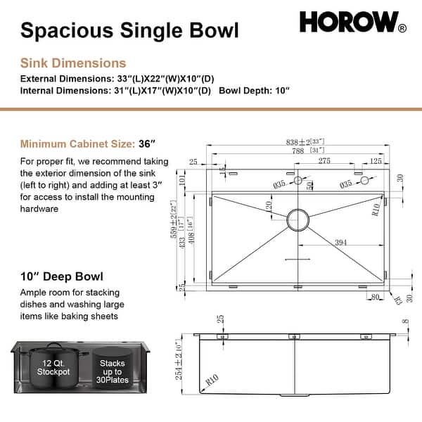 HOROW 33" x 22'' Single Bowl Stainless Steel Kitchen Sink with Workstation and 2 Faucets Holes