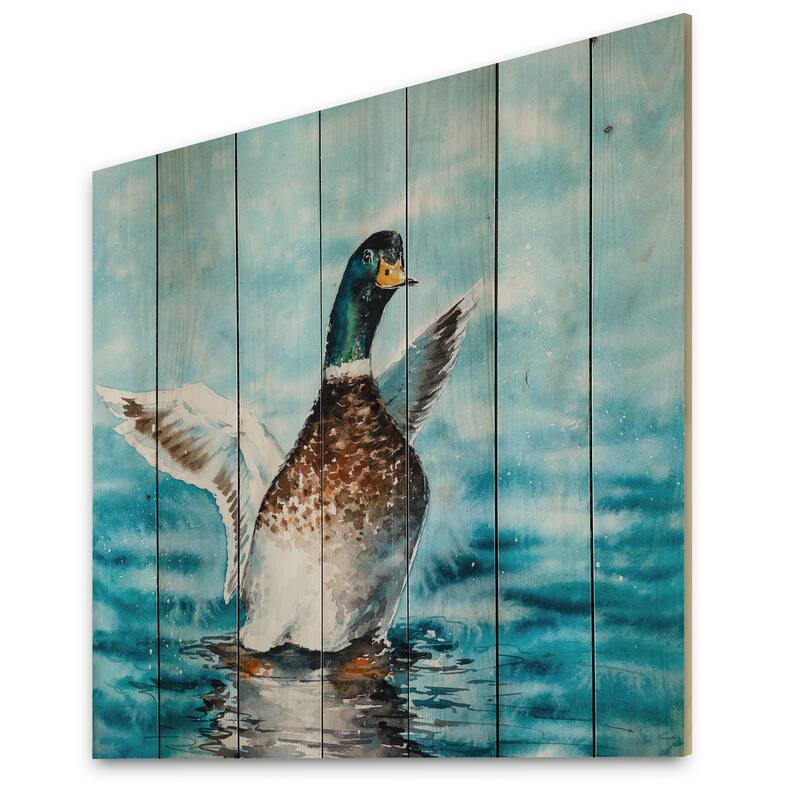Designart 'Mallard Duck Stretching Its Wings' Traditional Wood Wall Art