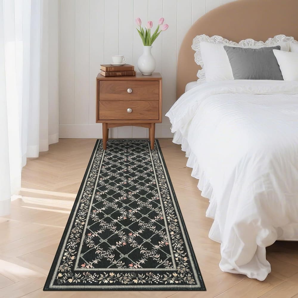 Floral Neutral Washable Hallway Low Pile Area Rug for Bedroom, Living Room, Black - 2' x 3'