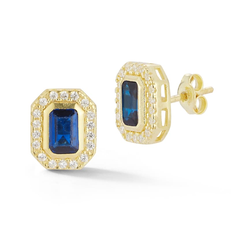 Soleil Sterling Silver Emerald Cut CZ Halo Studs - Yellow-Blue