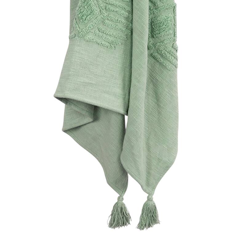 HomeRoots 50" X 60" Green Cotton Woven Ikat Throw Blanket with Tassels