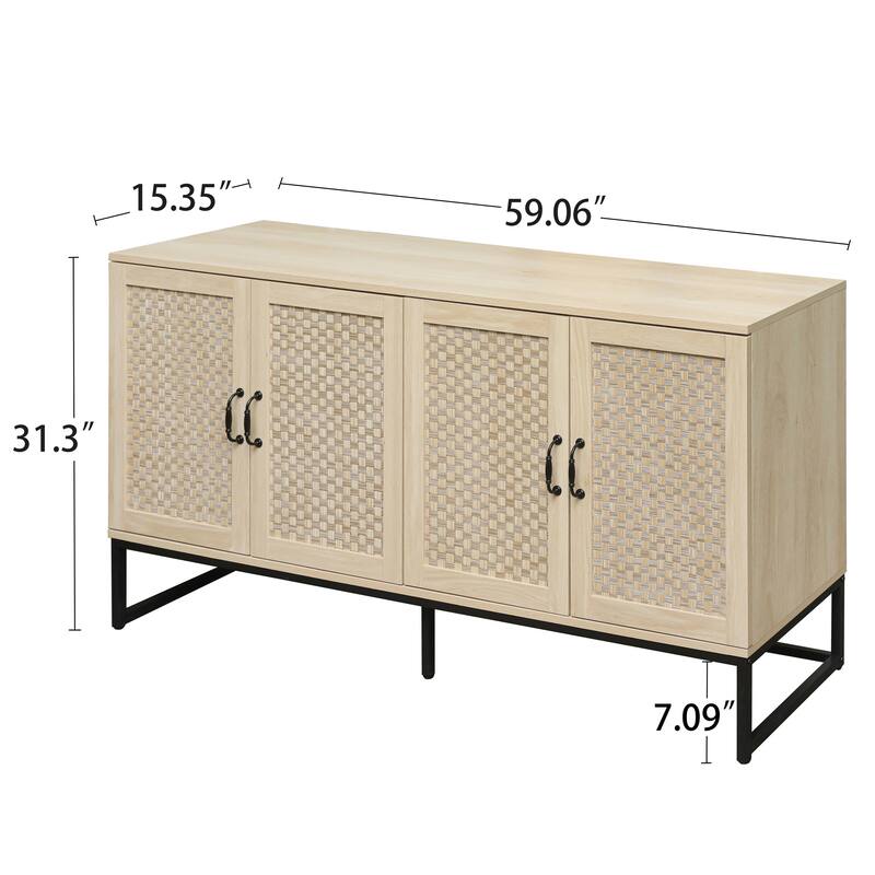 Engineered Rattan Buffet Accent Storage Cabinet 4-Door Sideboard with Adjustable Shelf, Cupboard Console Table Hallway Cabinet