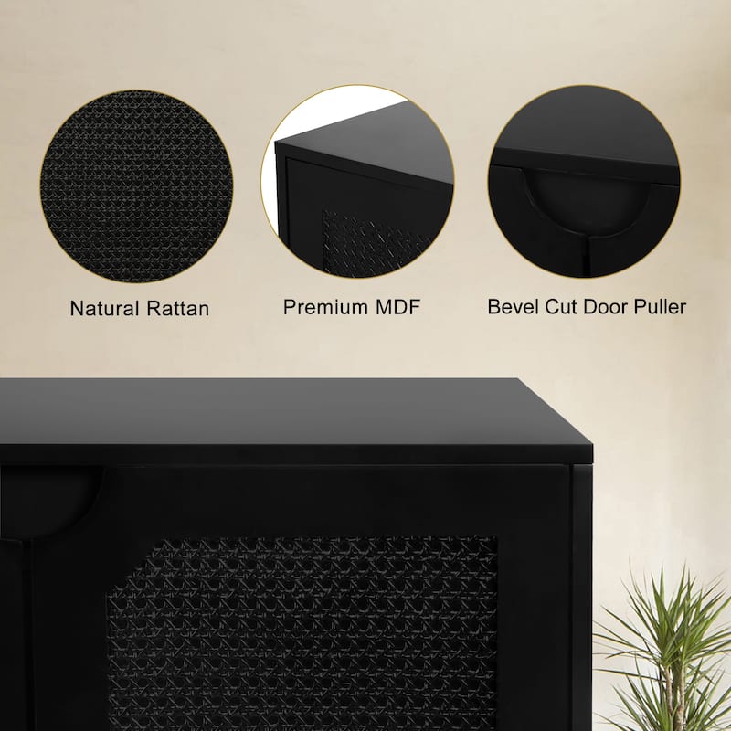 Anmytek 4-Door Black Rattan Buffet Sideboard Modern Accent Storage Cabinet with Adjustable Shelf - 63" W x 15.7" D x 35.4" H