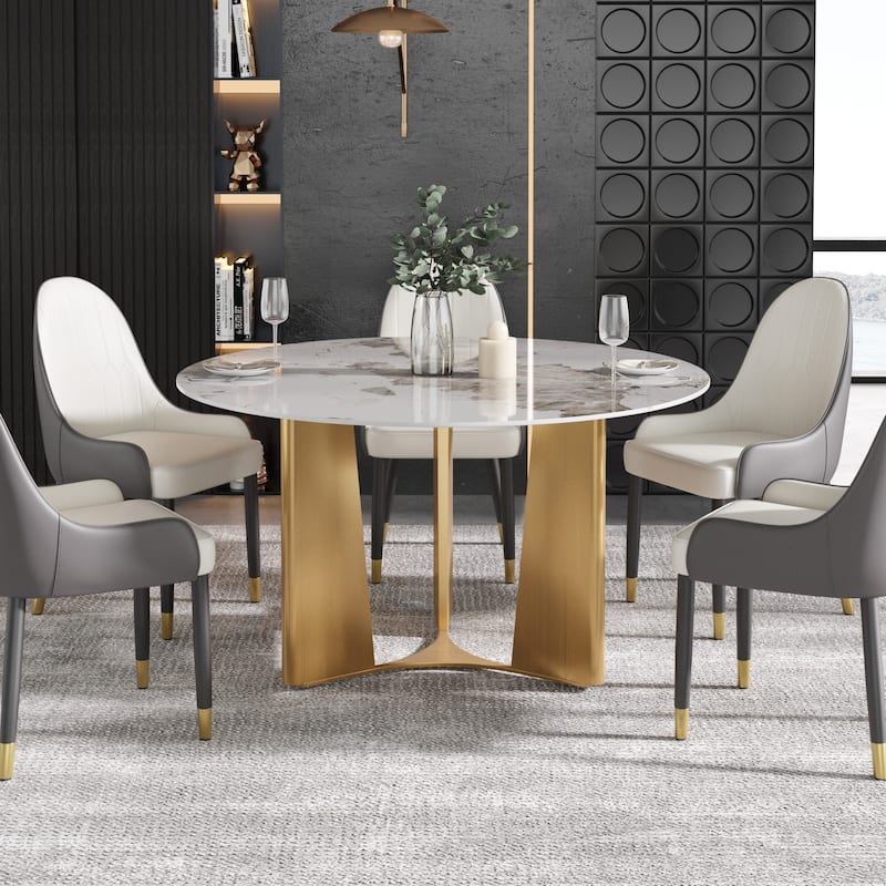 53" Modern Round Dining Table with Marble Top for 4-6, Sintered Stone Kitchen Table with Dining Table with Metal Legs