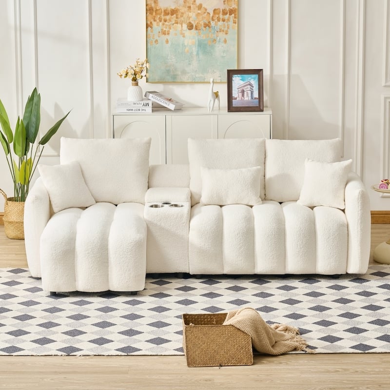 92" High-quality Teddy Fabric Corner Sofa with USB port, Center Console and Coffee Table - Off White