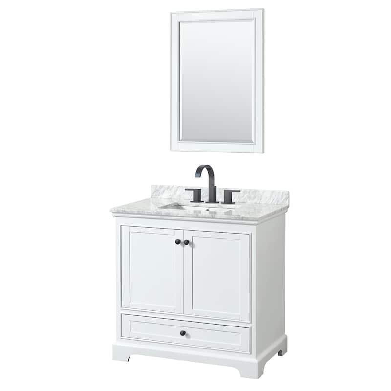 Deborah 36-inch Single Bathroom Vanity, 24-inch Mirror - White, Black Trim, White Carrara Marble Top
