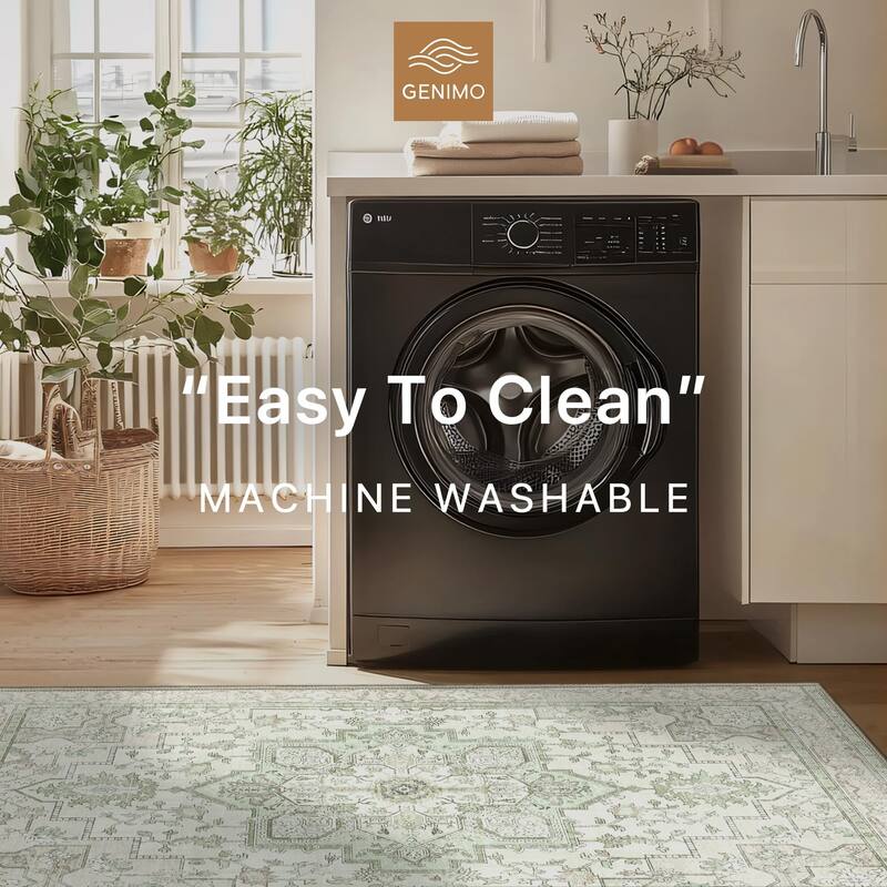 Mcow Green Floral Faded Low Pile Machine Washable Non-Slip Area Rug - 2'X6'