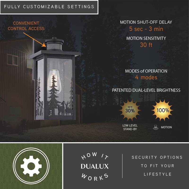 VAXCEL Acadia Matte Black Rustic Wildlife Motion Sensor Dusk to Dawn Outdoor Wall Sconce Light Fixture, Clear Seed Glass