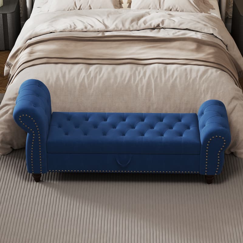 64.5" Bed Bench for Bed Room Nails Tufted Chaise of Lounge with Storage Velvet Upholstery Beige