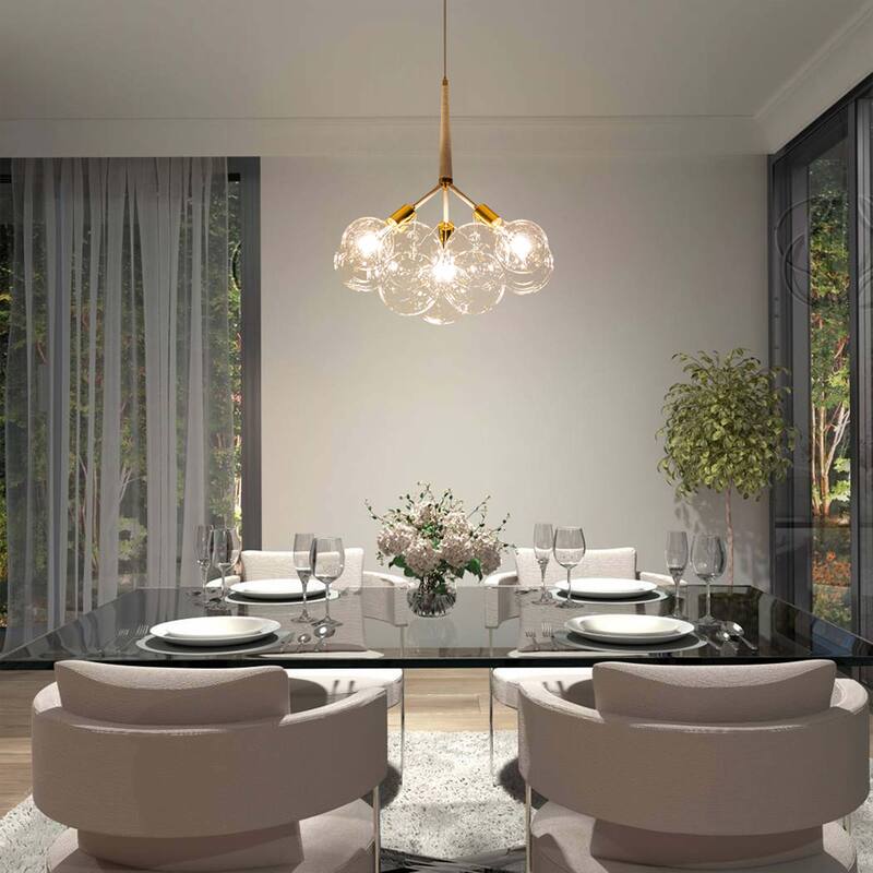 3-Light Modern Glam Sputnik Cluster Glass Globe Bubble Chandelier with 9 Clear Glass Globe Shade