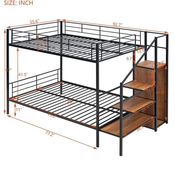 dimension image slide 3 of 4, Metal Bunk Bed with Lateral Storage Ladder and Wardrobe for Kids, Boys and Girls
