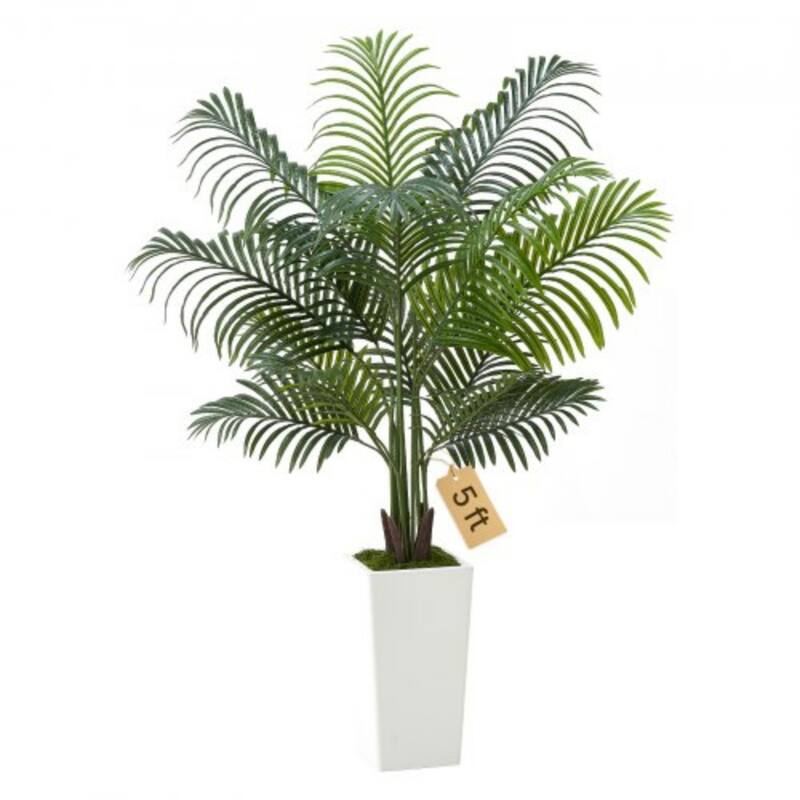 Green Lifelike Faux Areca Palm Tree with Moss-Covered Planter for Indoor Plant Decoration - 5-Feet-Single