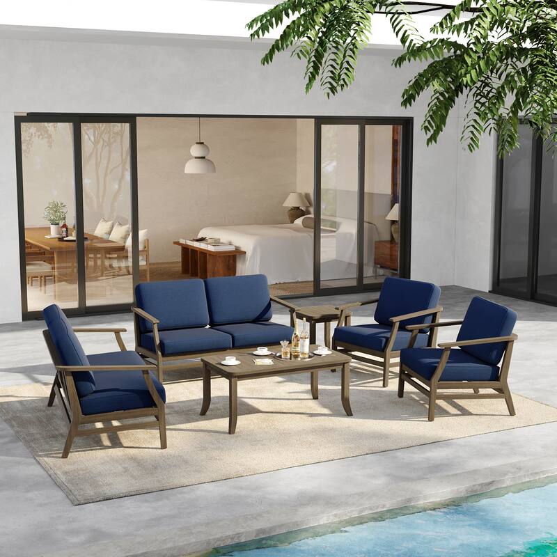 6-Seat Outdoor Teak Wood Patio Conversation Set with Cushions Tables