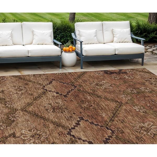 10' X 14' Orange Copper And Brown Floral Washable Indoor Outdoor Area ...