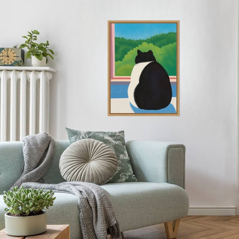 Fat Cat Looking out the Window by Little Dean Framed Canvas Wall Art