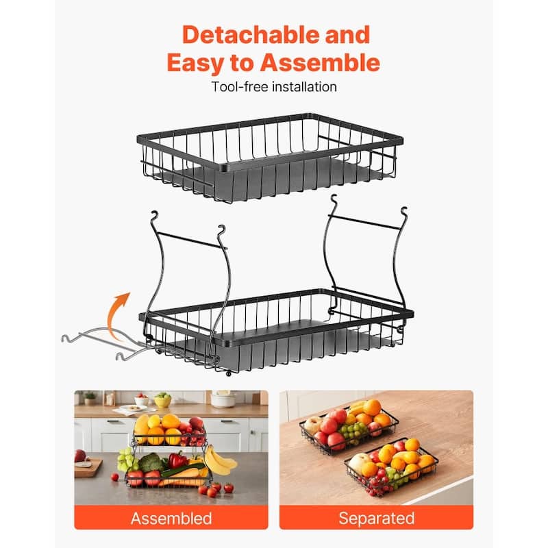 Matte Black Double-Layer Fruit Basket Holder Countertop Storage Organizer for Kitchen Fruits - 15.16” x 9.06” x 9.65”