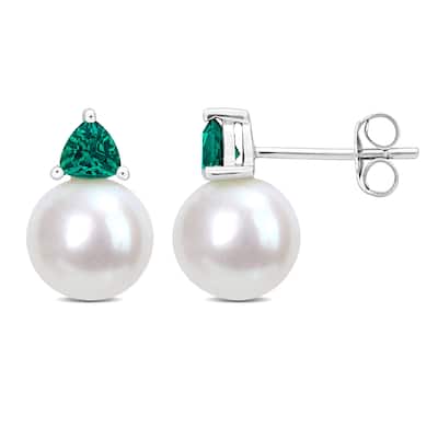 Miadora 8-8.5mm Cultured Freshwater Pearl and 2/5ct TGW Created Emerald Stud Earrings in 10k White Gold
