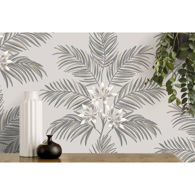 Fine Decor Bali Light Grey Palm Wallpaper