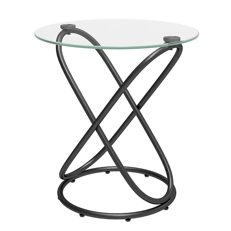 Tempered Glass Round Side/End Table with Metal Legs - 19.7"Dia Top x 21.7"H x 15.6"Dia Base