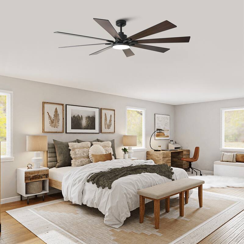 72" Modern Black Large Ceiling Fan with Light, Remote and Bluetooth Control