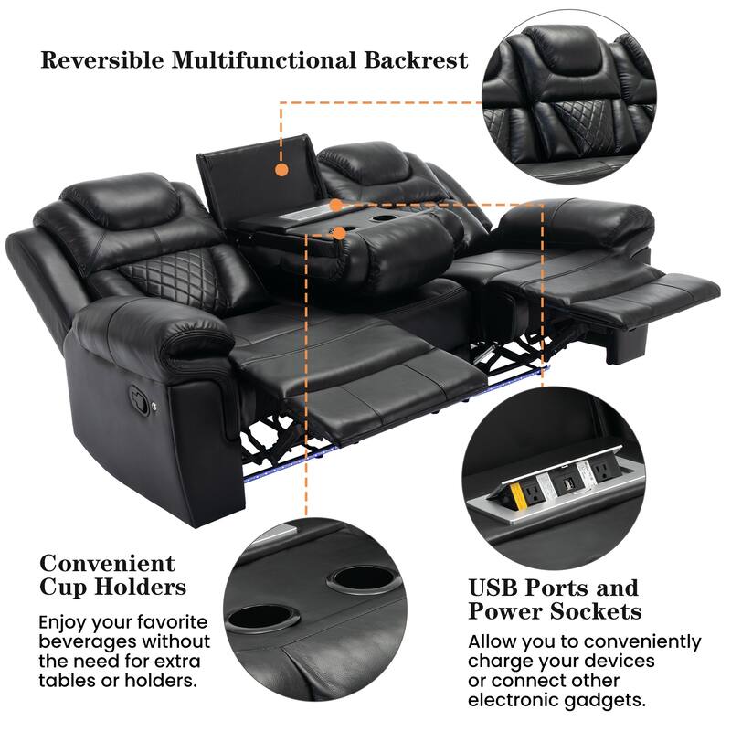 Home Theater Seating Manual Recliner Chair with Center Console and LED Light Strip for Living Room, Black