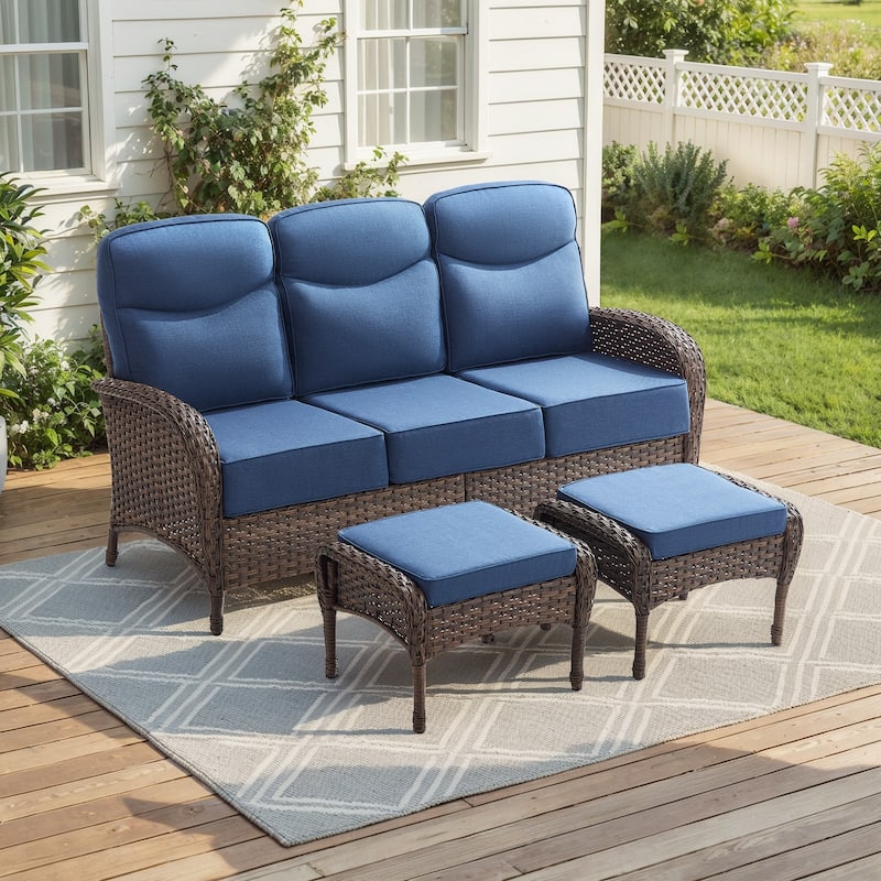 Pocassy Outdoor Sofa Swivel Chair and Ottman with Fire Pit Table - Brown Wicker Blue Cushion - 3-Piece Sofa with Ottoman