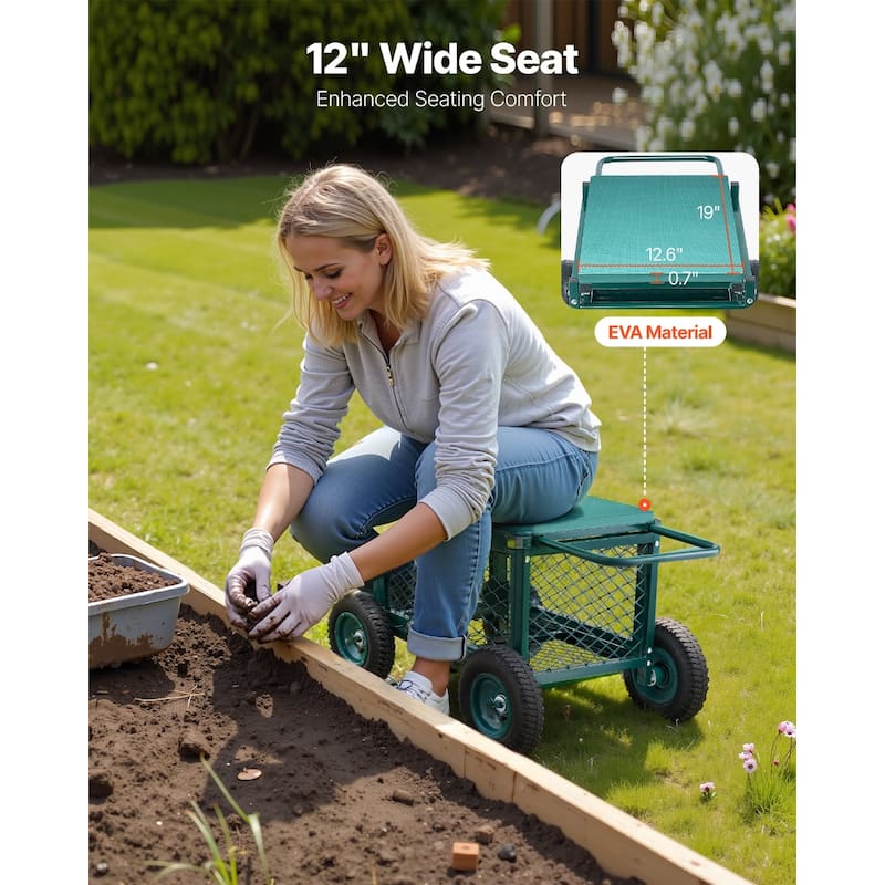 Green and Black Heavy-Duty All Metal Rolling Garden Cart with EVA Seat and Rubber Wheels - 19.1 x 14.5 x 16.53 inch