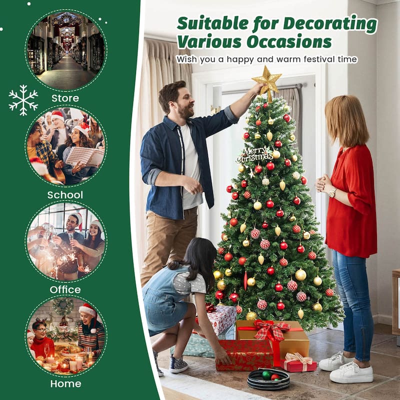 Gymax 6/7/8 FT Pre-Lit Artificial Christmas Tree Hinged Xmas Tree w/