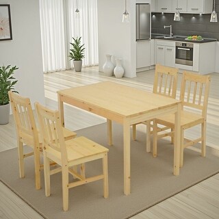 5 Piece Dining Table Set with 4 Side Chairs, Natural Brown Pine Wood ...
