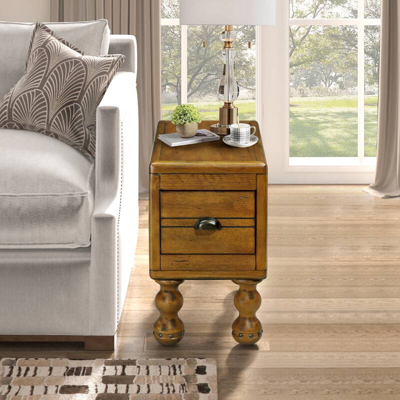 Solid Wood End Table, Rectangle 23.6 inch Narrow Side Table with Drawer, Vintage Bedside