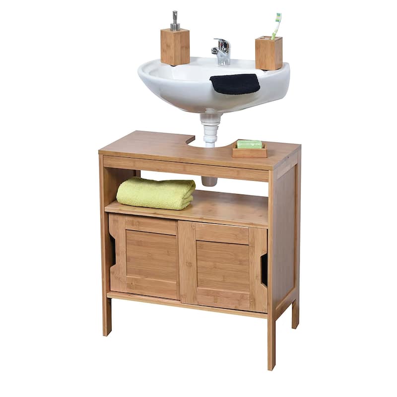 Bamboo Under-Sink Cabinet with Open Shelf and Sliding Doors Mahe Collection - 27.10"H x 23.12"W x 12"D