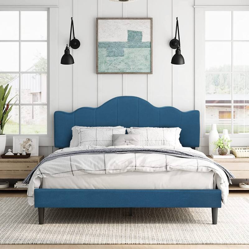 VECELO Modern Upholstered Platform Bed with Adjustable Headboard, Dark Blue/ White/ Grey/ Beige Bed Frames