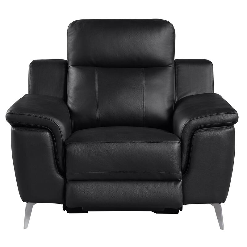 Dave 39 Inch Power Recliner Chair, Black Faux and Real Leather, Solid Wood
