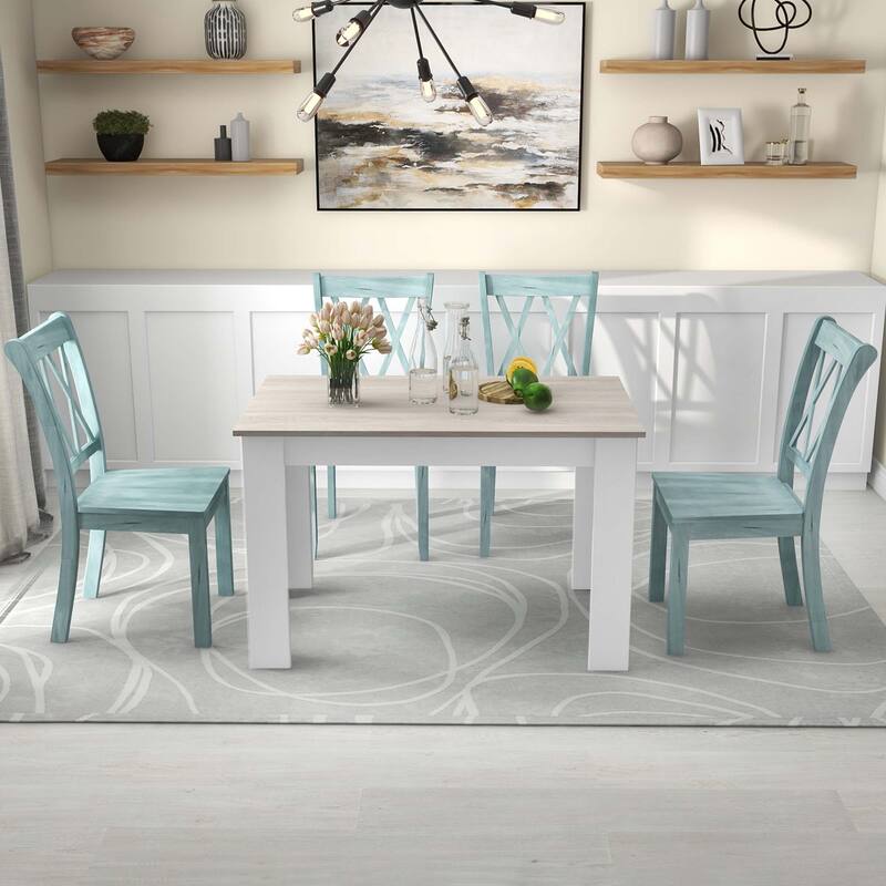 Costway 5 PCS Dining Set Modern Rectangle Table & 4 Rubber Wood Chairs