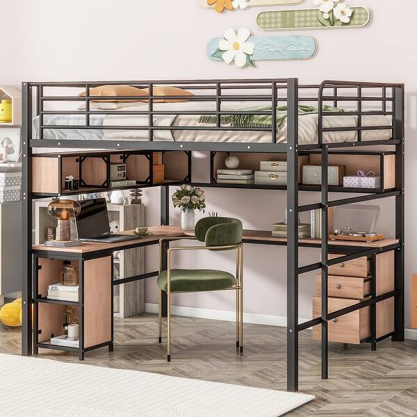 slide 2 of 16, Full Size Metal Loft Bed with Bookcase, Built in Desk and Cabinet Black