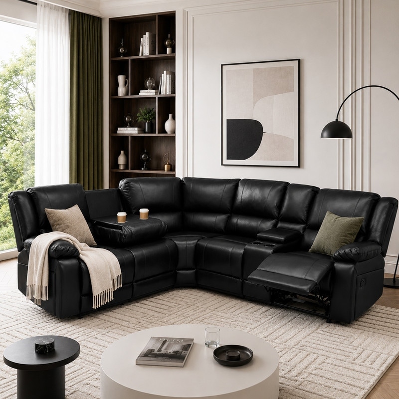 Faux Leather Reclining Sectional Sofa with Multi-Function Console, Living Room Set